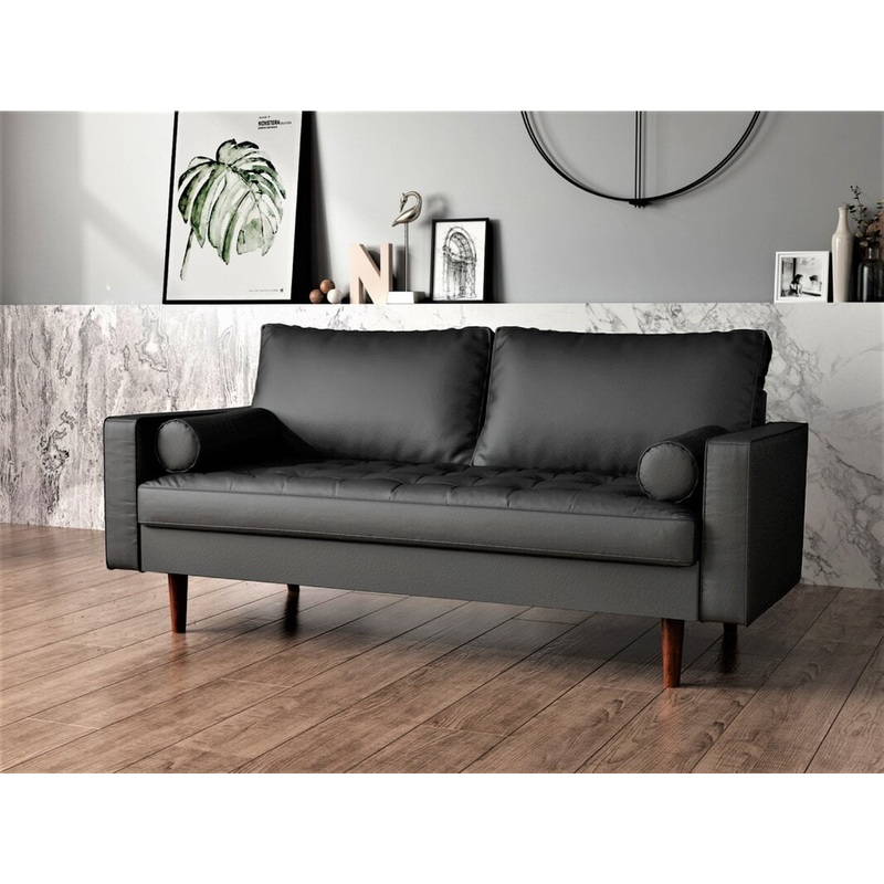 US Pride Furniture Mid-Century Gabler Loveseat in Faux Leather, Black