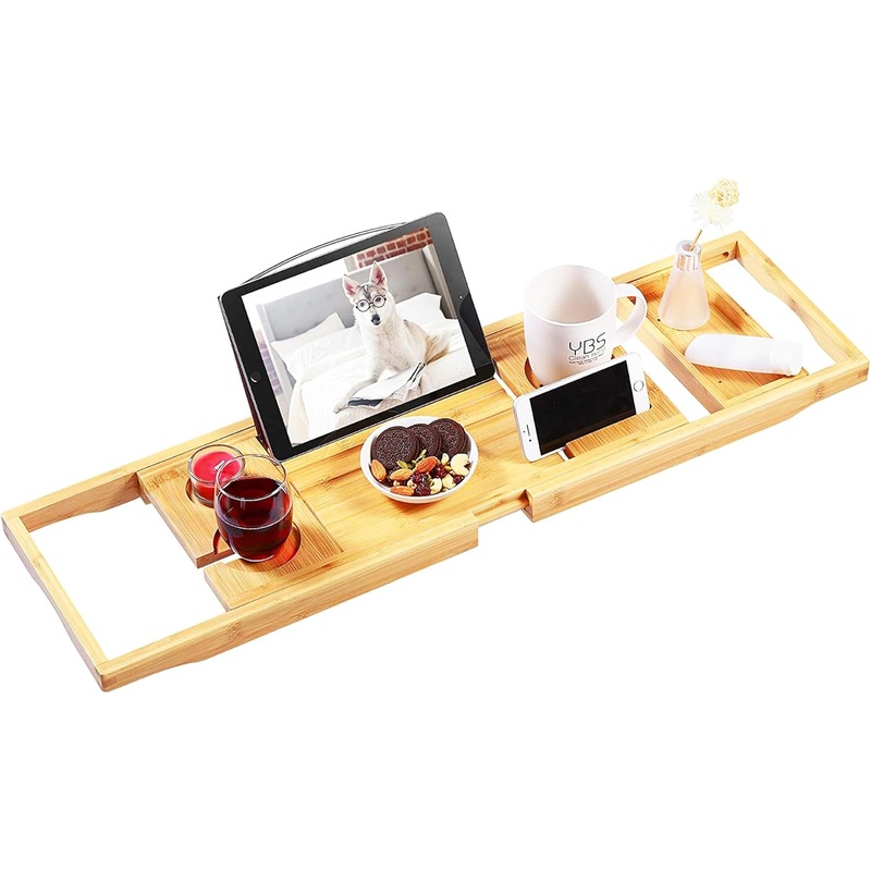 VaeFae Bamboo Bathtub Caddy Tray, Expandable Bath Tray for Tub with Upgraded Wine Slots and Book Holder  Ideal for One or Two Person Use
