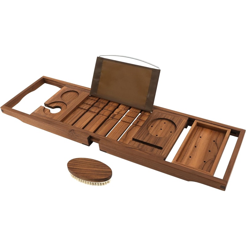 VaeFae Teak Bathtub Tray, Expandable Wooden Bath Tray for Tub with Wine and Book Holder, Solid Bathroom Caddy with Free Teak Body Brush