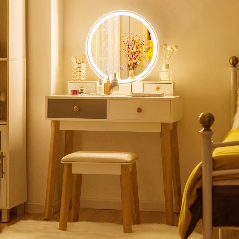 Vanity Set with Lighted Mirror, 3 Color-Touch Screen Dimming Mirror, Adjustable Brightness, Bedroom Vanity Makeup Dressing Table with 4 Drawers and Cushioned Stool (53.15 x 31.5 x 15.75)