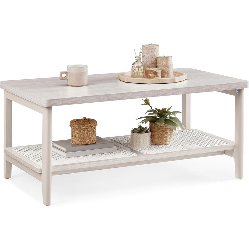 VASAGLE 2-Tier Coffee Table for Living Room, Living Room Table Rectangular Center Table, with PVC Rattan Storage Shelf, Rounded Corners, Easy Assembly, Boho Style, Oatmeal Beige ULCT240K66