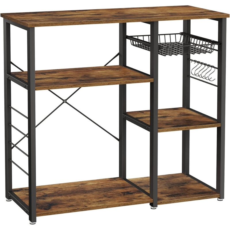 VASAGLE ALINRU Kitchen Bakers Rack, Coffee Bar, Microwave Oven Stand, with Steel Frame, Wire Basket, 6 Hooks, 35.4, Rustic Brown