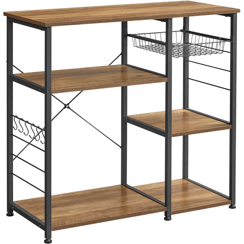 VASAGLE ALINRU Kitchen Bakers Rack, Coffee Bar, Microwave Oven Stand, with Steel Frame, Wire Basket, 6 Hooks, for Mini Oven, Spices Utensils, Industrial, Greige and Black UKKS090B02