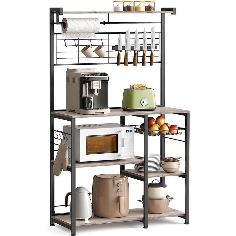 VASAGLE Bakers Rack with Magnetic Knife Holder, Paper Holder, Wire Basket, 8 Hooks, Organizers and Storage, Bakers Rack with Wire Basket, Ebonized Oak Finish and Black UKKS026B42