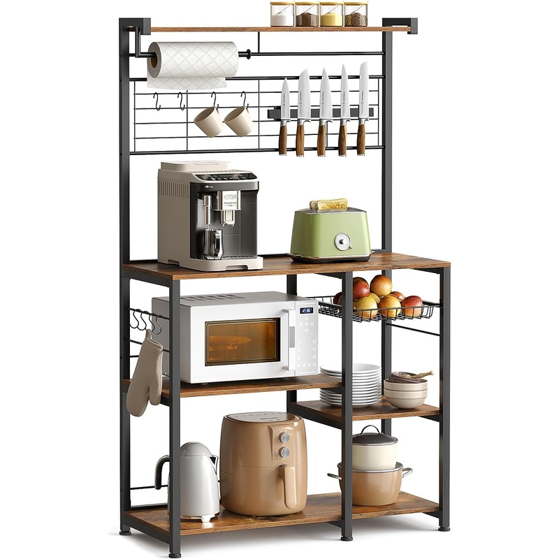 VASAGLE Bakers Rack with Magnetic Knife Holder, Paper Holder, Wire Basket, 8 Hooks, Organizers and Storage, Rustic Brown and Black UKKS026B01