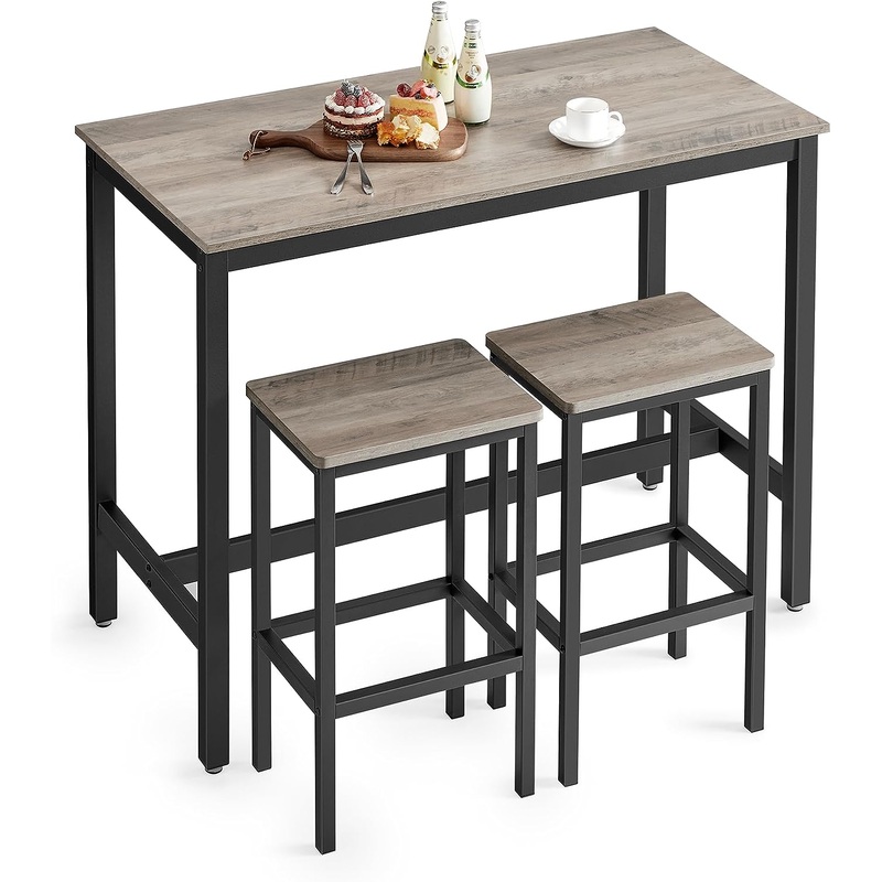 VASAGLE Bar Table Set, Bar Table with 2 Bar Stools, Dining table set, Kitchen Counter with Bar Chairs, Industrial for Kitchen, Living Room, Party Room, Greige and Black ULBT015B02