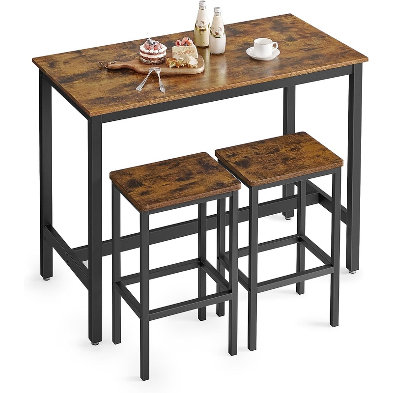 VASAGLE Bar Table Set, with 2 Bar Stools, Dining table set, Kitchen Counter with Bar Chairs, Industrial, Living Room, Party Room, Rustic Brown and Black ULBT15X