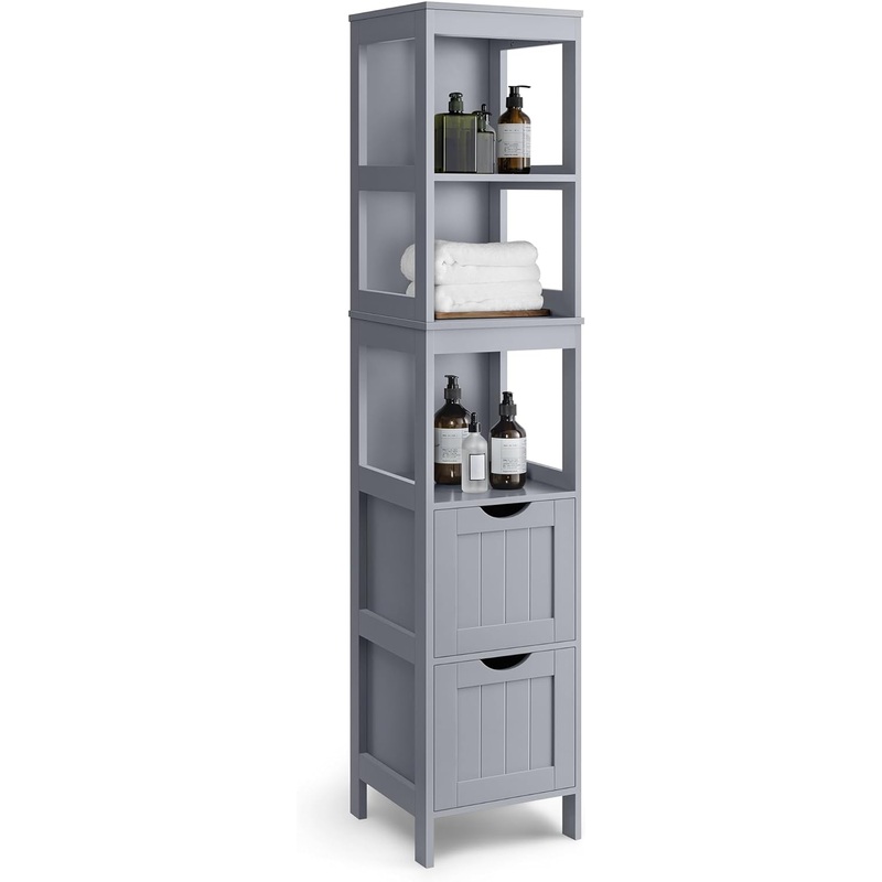 VASAGLE Bathroom Floor Cabinet, Bathroom Storage Organizer Rack Stand, Multifunctional Corner Unit, 2 Drawers, Dove Grey UBBC066G02