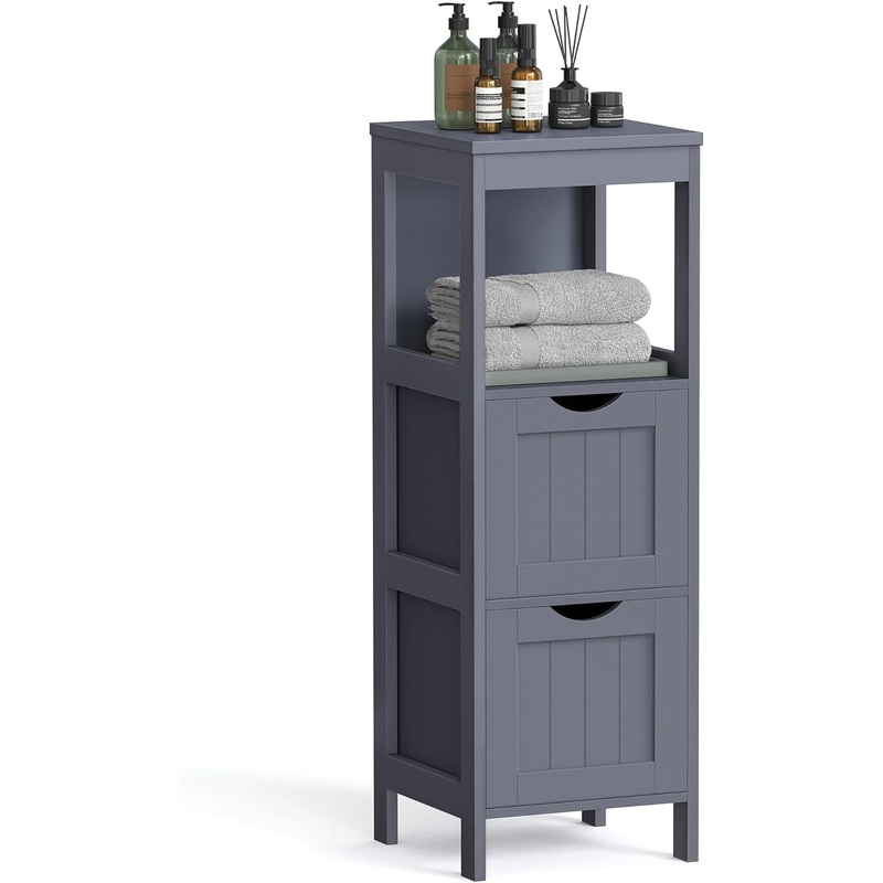 VASAGLE Bathroom Floor Cabinet, Bathroom Storage Organizer Rack Stand, Multifunctional Corner Unit, 2 Drawers, Grey UBBC042G01