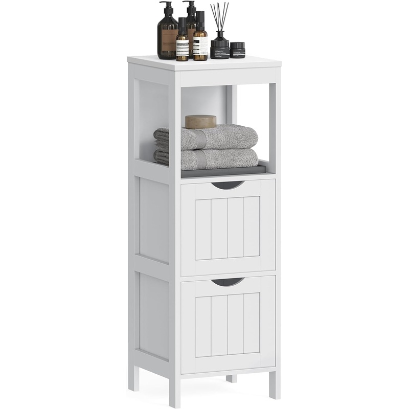 VASAGLE Bathroom Floor Cabinet, Bathroom Storage Organizer Rack Stand, Multifunctional Corner Unit, 2 Drawers, White UBBC42WT