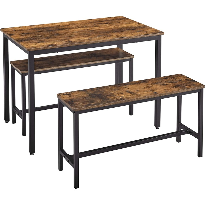 VASAGLE Dining Table Set, Bar Table with 2 Dining Benches, Kitchen Table Counter with Chairs, Industrial for Kitchen, Living Room, Party Room, Rustic Brown and Black UKDT070B01, 27.6 x 43.3 x 29.5 In