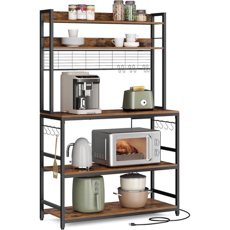 VASAGLE Hutch Bakers Rack with Power Outlet, 14 Hooks Microwave Stand, Adjustable Coffee Bar with Metal Wire Panel, Kitchen Storage Shelf, 15.7 x 23.6 x 66.9 Inches, Greige and Black UKKS037B02