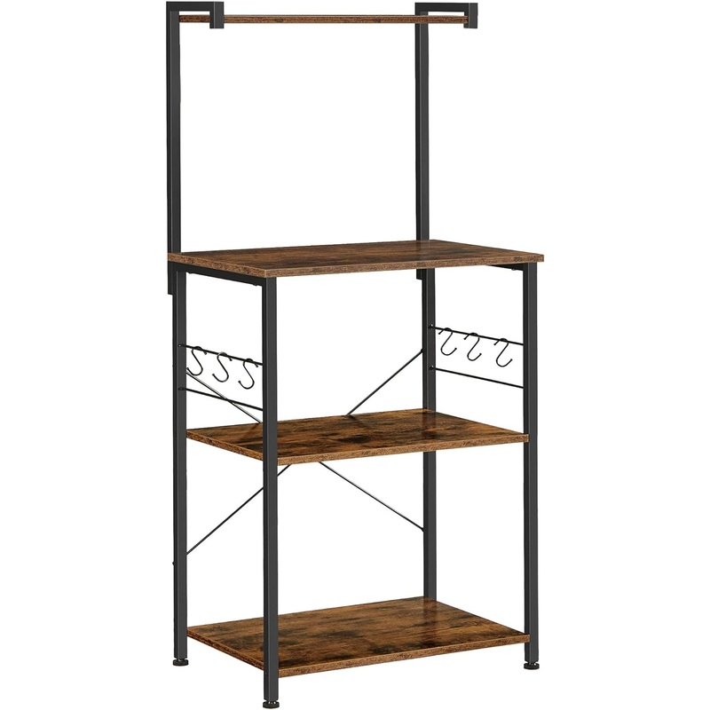 VASAGLE Kitchen Storage, Bakers Rack, Coffee Bar, 3-Tier Shelf, 6 S-Hooks, for Microwave, Spice Jars, Pots and Pans, Industrial, Rustic Brown and Black UKKS023B01