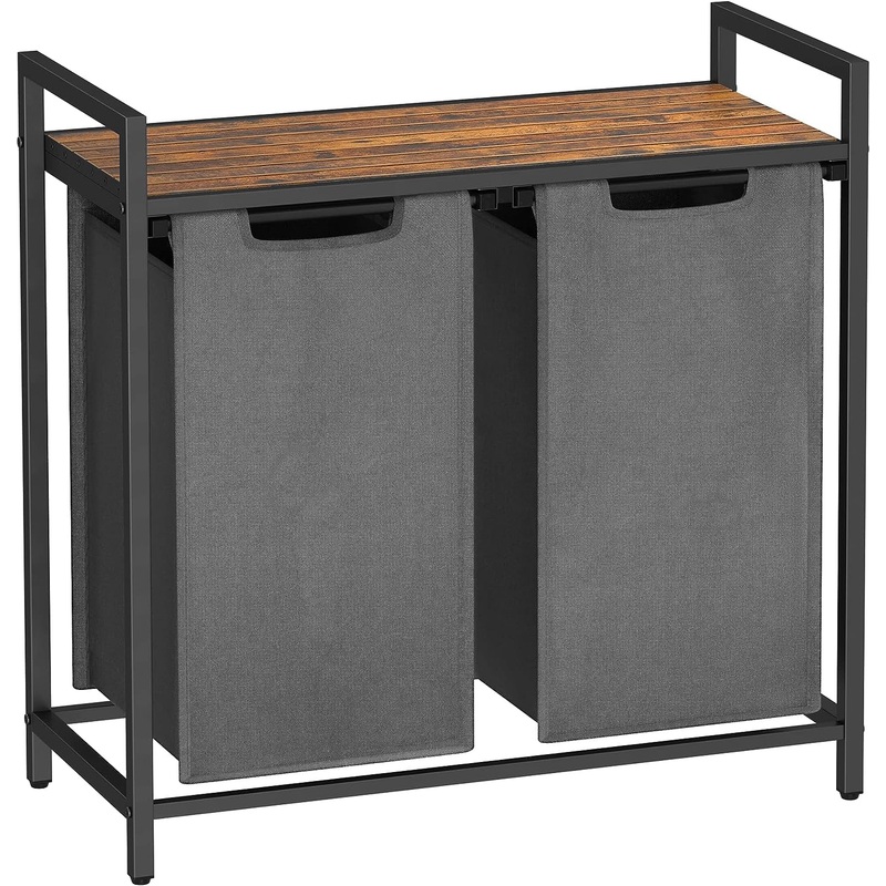 VASAGLE Laundry Hamper, Laundry Basket, Laundry Sorter with 2 Pull-Out and Removable Bags, Shelf, Metal Frame, 2 x 12.1 Gallons (46L), 28.8 x 13 x 28.4 Inches, Rustic Brown and Gray UBLH201G01