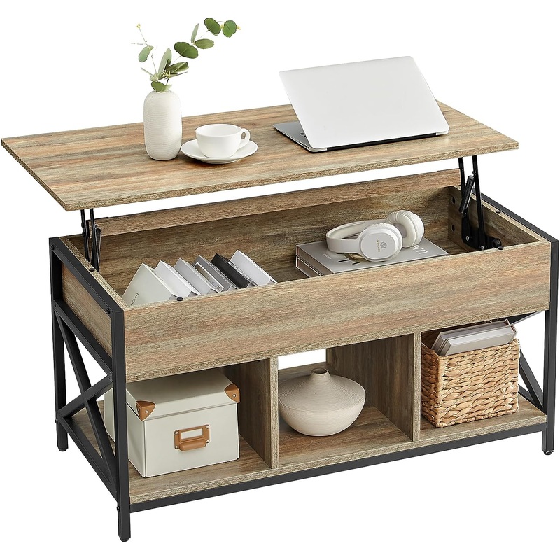 VASAGLE Lift Top Coffee Table for Living Room, Industrial Coffee Table with Hidden Compartments and Storage Shelf, Steel Frame, 19.7 x 39.4 x (19.3-24.4) Inches, Black with Wood Grain ULCT202B22