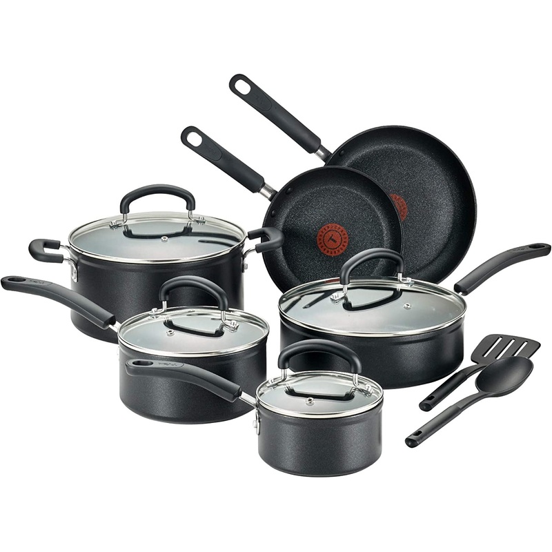 T-fal Advanced Nonstick Cookware Set 12 Piece Pots and Pans, Dishwasher Safe Black