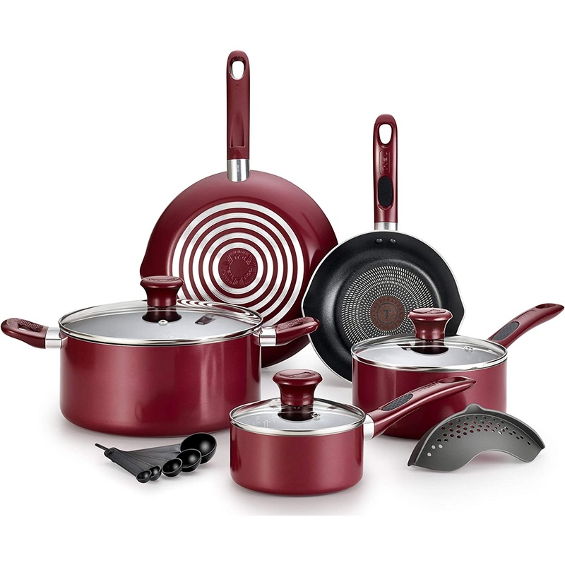T-fal Excite ProGlide Nonstick Thermo-Spot Heat Indicator Dishwasher Oven Safe Cookware Set, 14-Piece, Red
