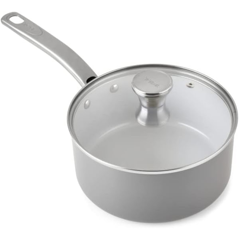 T-fal Fresh Gourmet Recycled Ceramic Nonstick Sauce Pan 3 Quart Oven Broiler Safe 500F, Lid Safe 350F Cookware, Pots and Pans, Dishwasher Safe Grey