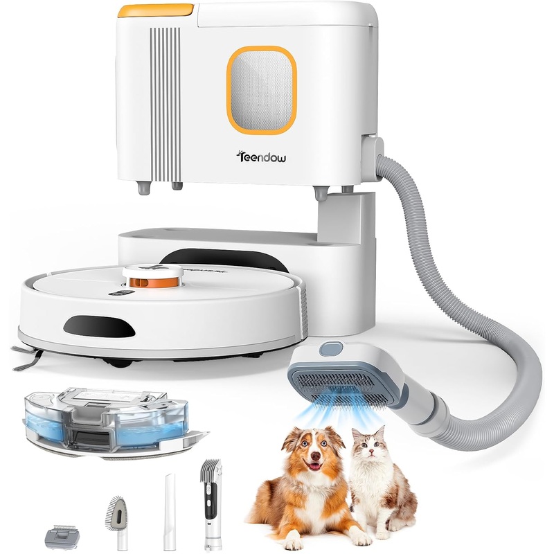 Teendow D20S Max+ Robot Vacuum and Mop, 6000Pa Suction for Pet Hair, with Self-Emptying Dock and Pet Grooming Parts, 10 Weeks Hands-Free Cleaning, PreciSense LiDAR Navigation, App & Voice Control