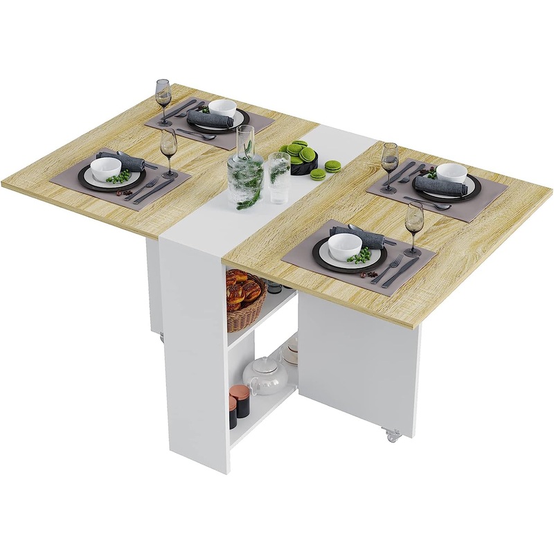 Tiptiper Folding Dining, Versatile Dinner Table with 6 Wheels and 2 Storage Racks, Space Saving Kitchen, Dining Room Table, 31.5 in x 51.2 in x 28.4 in, Pear Wood Color and White