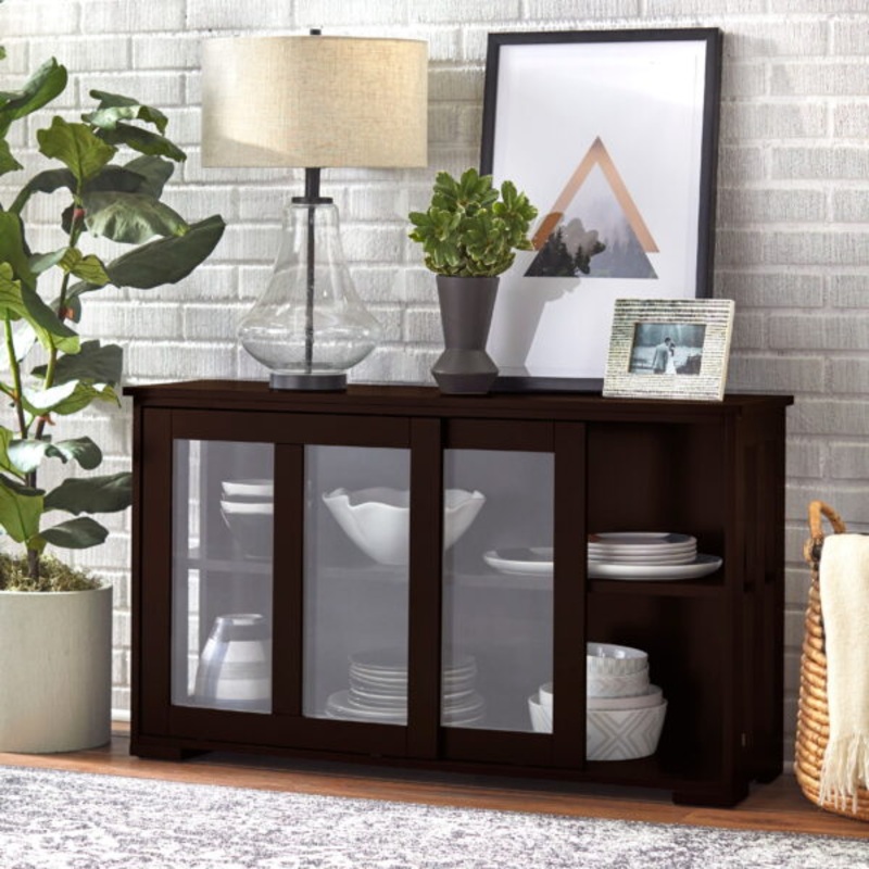 TMS 42 Wide Contemporary Tempered Glass Sliding Door Stackable Dining Room Sideboard, Espresso Brown Finish