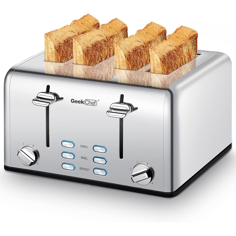 Toaster 4 Slice, Geek Chef Stainless Steel Toaster with Extra Wide Slots, 4 Slot Toaster with Bagel/Defrost/Cancel Function, Dual Control Panel of 6 Toasting Bread Shade Settings
