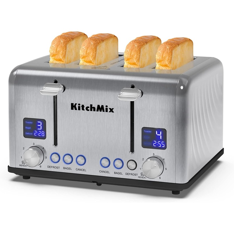 Toaster 4 Slice, KitchMix Bagel Stainless Toaster with LCD Timer, Extra Wide Slots, Dual Screen, Removal Crumb Tray (Stinless steel)