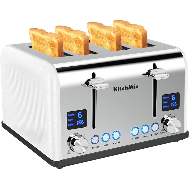 Toaster 4 Slice, KitchMix Bagel Stainless Toaster with LCD Timer, Extra Wide Slots, Dual Screen, Removal Crumb Tray (White)