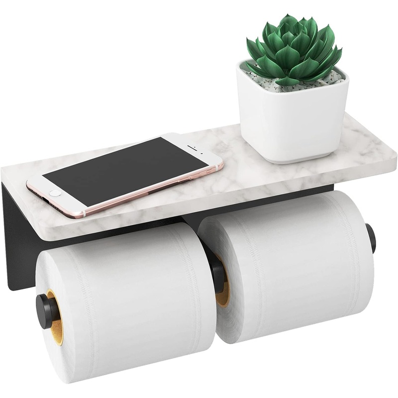 Toilet Paper Holder with Shelf, New Upgrade Double Toilet Paper Holder with Storage, Marble Roll Toilet Paper Wall Mount for Bathroom Washroom(Black)