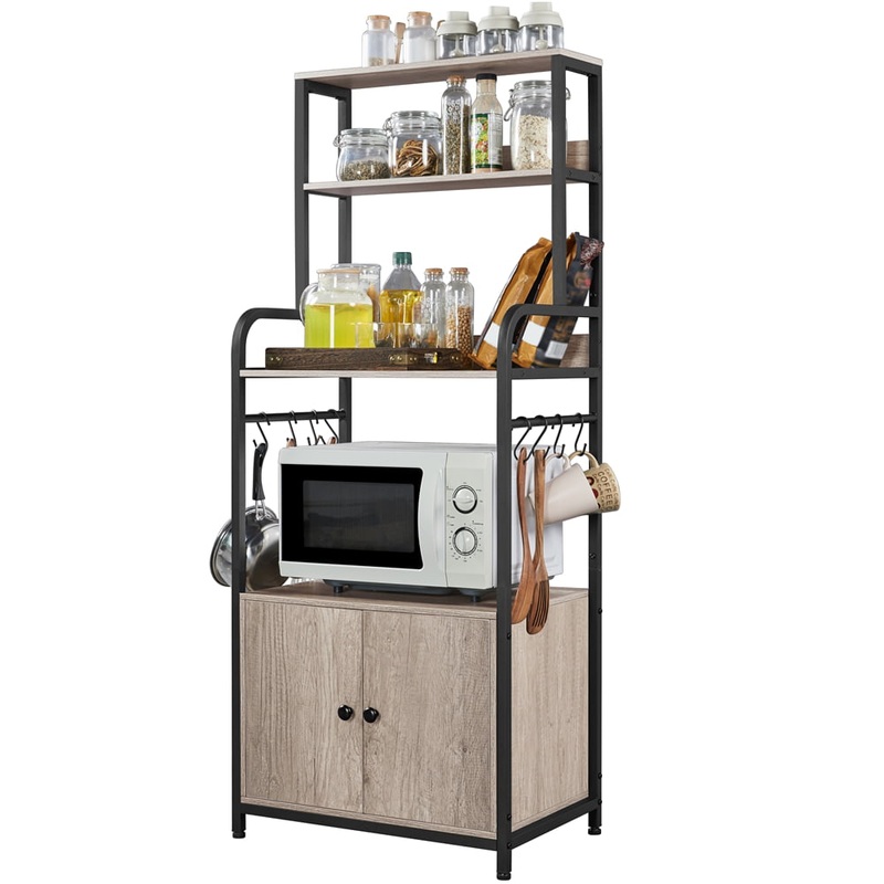 Topeakmart 4 Tiers Industrial Wooden Kitchen Bakers Rack with 8 S-Hooks, Gray