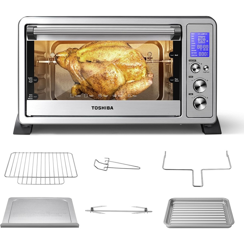 TOSHIBA AC25CEW-SS Large 6-Slice Convection Toaster Oven Countertop, 10-In-One with Toast, Pizza and Rotisserie, 1500W, Stainless Steel, Includes 6 Accessories