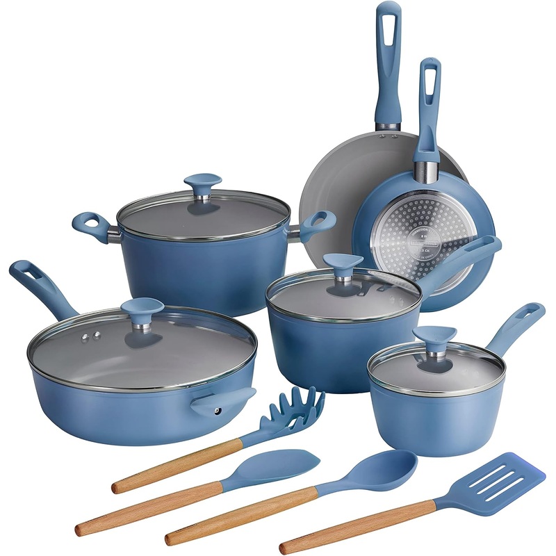 Tramontina 14-Piece Ceramic Cookware Set  Blue  Nonstick, Induction-Ready, Oven Safe, Dishwasher Safe, Includes Fry Pans, Saut Pan, Sauce Pans, Dutch Oven, and Wooden Utensils, 80110/035DS