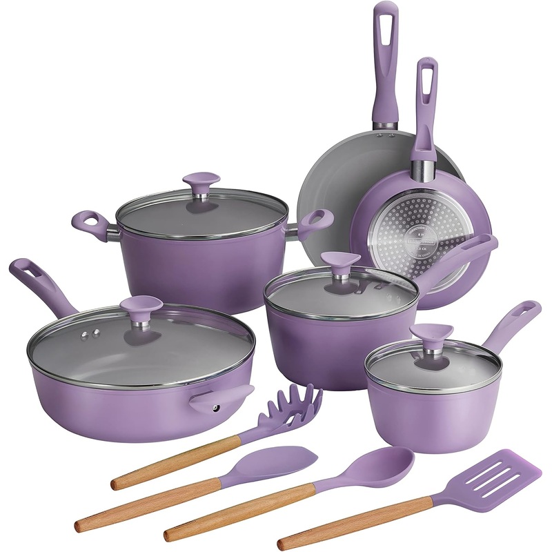 Tramontina 14-Piece Ceramic Cookware Set  Purple  Nonstick, Induction-Ready, Oven Safe, Dishwasher Safe, Includes Fry Pans, Saut Pan, Sauce Pans, Dutch Oven, and Wooden Utensils, 80110/037DS