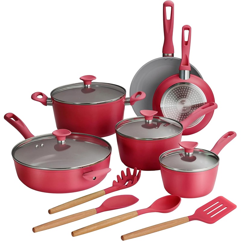 Tramontina 14-Piece Ceramic Cookware Set  Red  Nonstick, Induction-Ready, Oven Safe, Dishwasher Safe, Includes Fry Pans, Saut Pan, Sauce Pans, Dutch Oven, and Wooden Utensils, 80110/034DS