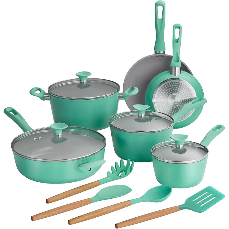 Tramontina 14-Piece Ceramic Cookware Set  Teal  Nonstick, Induction-Ready, Oven Safe, Dishwasher Safe, Includes Fry Pans, Saut Pan, Sauce Pans, Dutch Oven, and Wooden Utensils, 80110/036DS