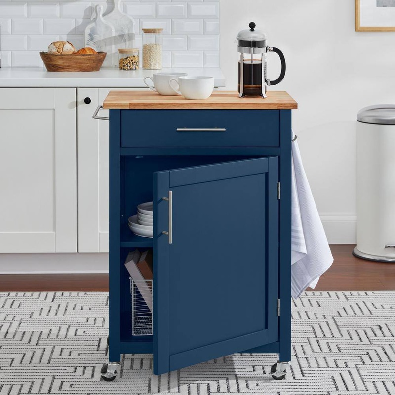 StyleWell SK17787Cr2-BBM Glenville Small Midnight Blue Rolling Kitchen Cart with Butcher Block Top and Single-Drawer Storage (24 W )