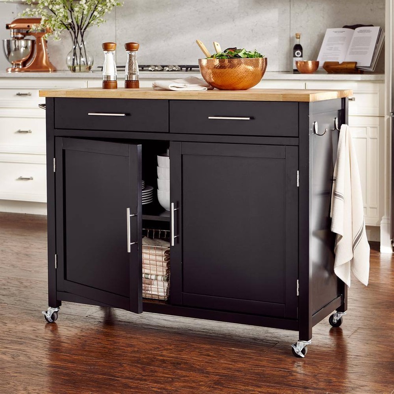 StyleWell SK17787Cr2-EBB Glenville Black Rolling Kitchen Cart with Butcher Block Top and Double-Drawer Storage (42 in. W)