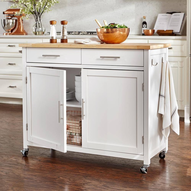 StyleWell SK17787Cr2-EBW Glenville Cream White Rolling Kitchen Cart with Butcher Block Top and Double-Drawer Storage (42 W)