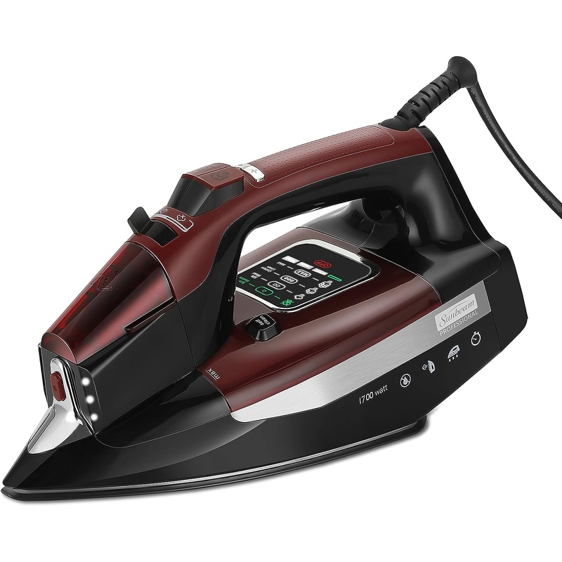 Sunbeam Professional Steam Iron, 1700 Watt, Large Nonstick Ceramic Soleplate, Horizontal or Vertical Shot of Steam, Self Cleaning, Large LED Screen and Bright LED Lights, 8 Swivel Cord, Black/Red