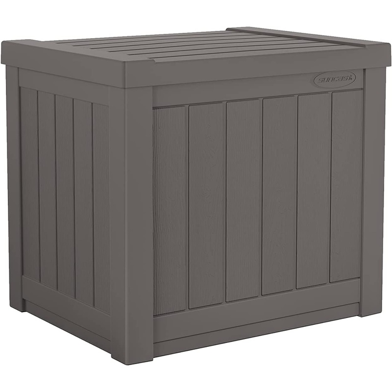 Suncast 22-Gallon Small Deck Box  Lightweight Resin Indoor/Outdoor Storage Container and Seat for Patio Cushions and Gardening Tools  Store Items on Patio, Garage, Yard  Stone Gray