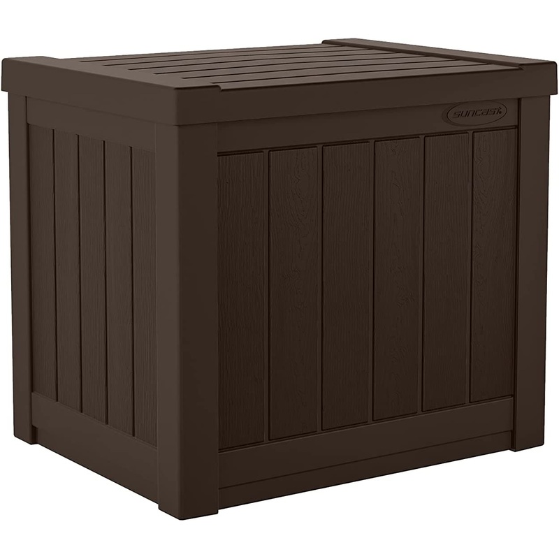 Suncast 22-Gallon Small Deck Box  Lightweight Resin Outdoor Storage Deck Box and Seat for Patio Cushions, Gardening Tools and Toys  Java Brown