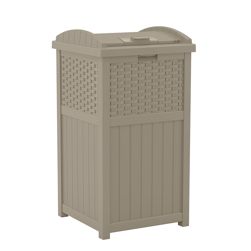 Suncast 33 Gallon Hideaway Trash Can for Patio  Resin Outdoor Trash with Lid  Use in Backyard, Deck, or Patio  Dark Taupe