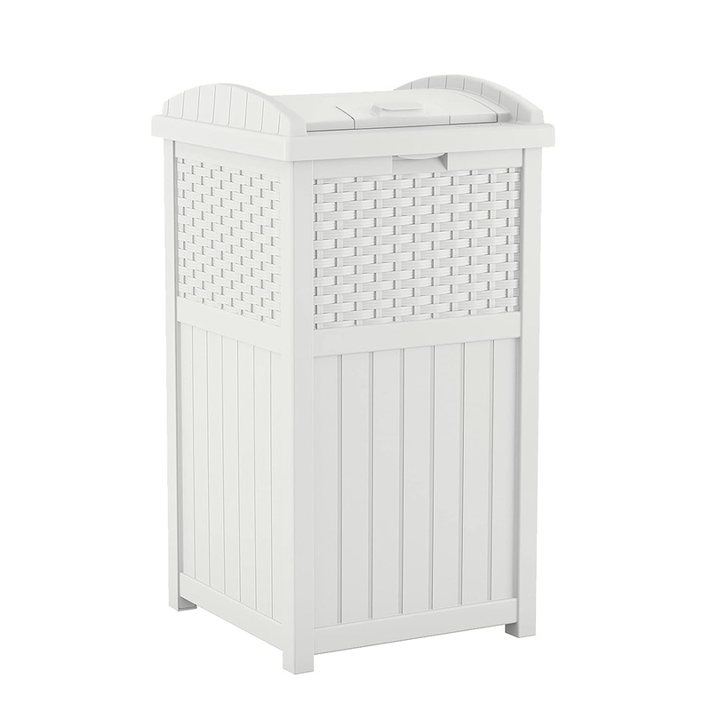 Suncast 33 Gallon Hideaway Trash Can for Patio  Resin Outdoor Trash with Lid  Use in Backyard, Deck, or Patio  White