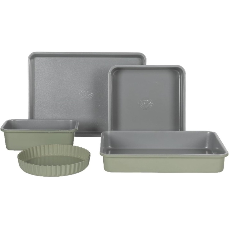 Sur La Table Kitchen Essential Carbon Steel Baking Pans Bakeware Set W/Premium PFA Free Grey Ceramic Non stick  Juniper Green Exterior