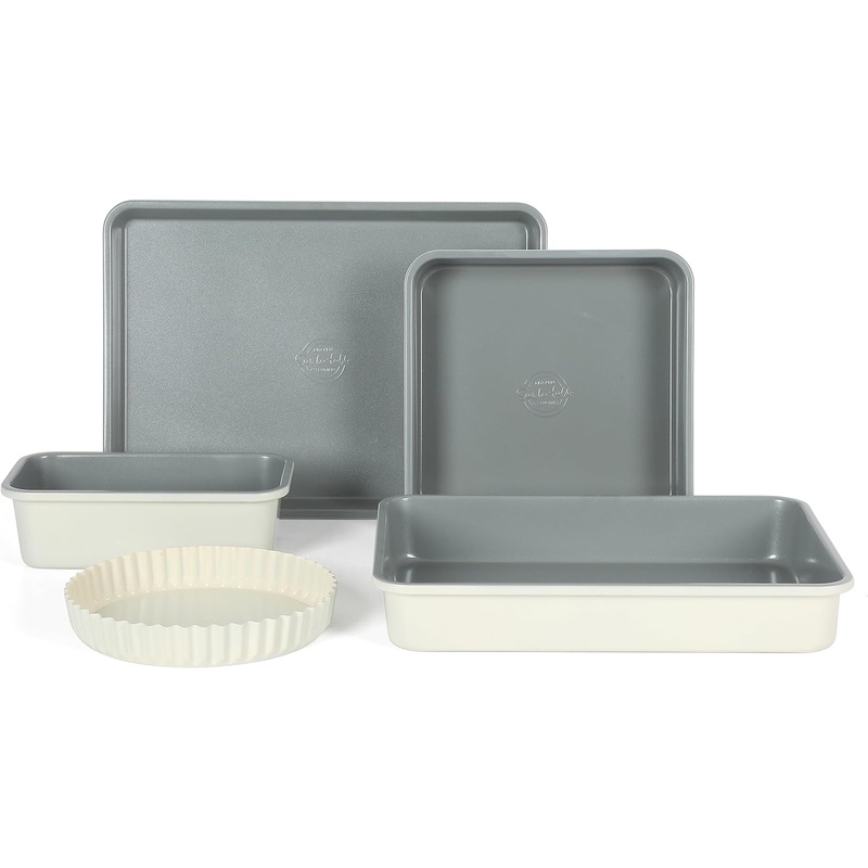 Sur La Table Kitchen Essential Carbon Steel Baking Pans Bakeware Set W/Premium PFA Free Grey Ceramic Non stick  Linen White Exterior