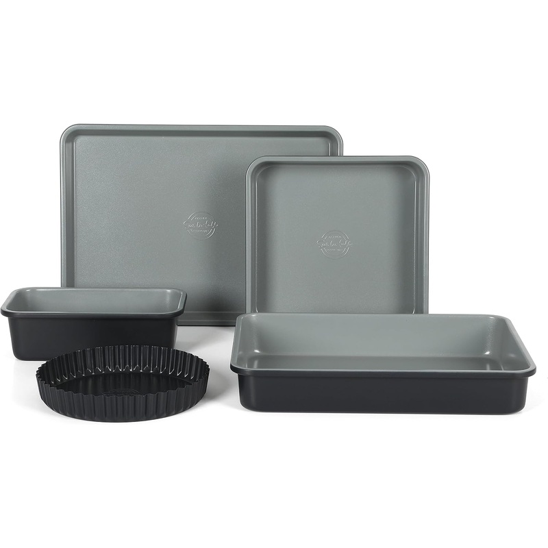 Sur La Table Kitchen Essential Carbon Steel Baking Pans Bakeware Set W/Premium PFA Free Grey Ceramic Nonstick  Black Exterior