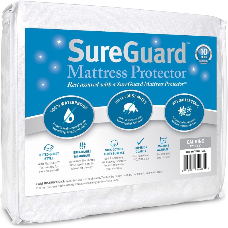 SureGuard California King Mattress Protector  100% Waterproof, Hypoallergenic  Premium Fitted Cotton Terry Cover White