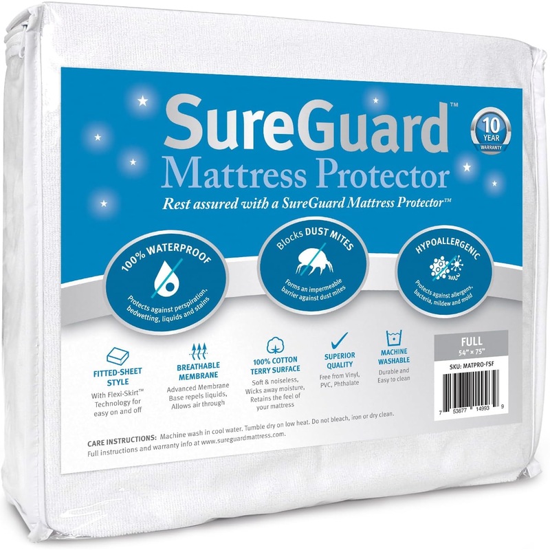 SureGuard Full Size Mattress Protector  100% Waterproof, Hypoallergenic  Premium Fitted Cotton Terry Cover White