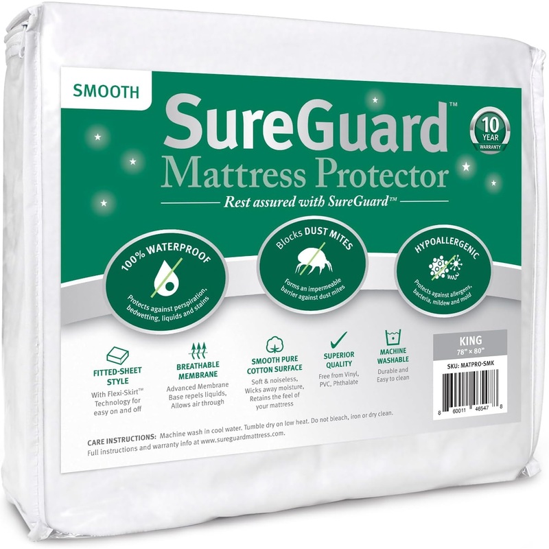 SureGuard King Size Mattress Protector  100% Waterproof, Hypoallergenic  Premium Fitted Cotton Cover  Smooth