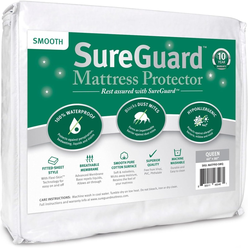 SureGuard Queen Size Mattress Protector  100% Waterproof, Hypoallergenic  Premium Fitted Cotton Cover  Smooth